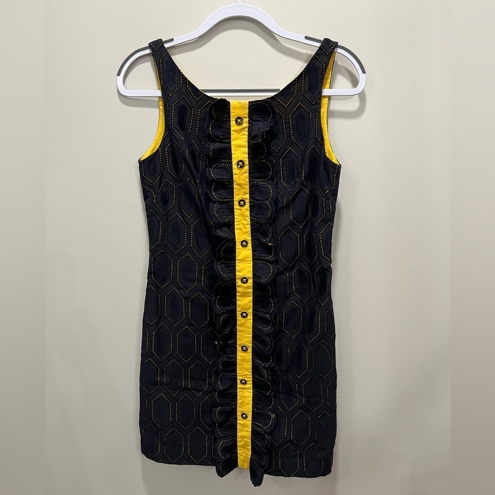 Christian Francis Roth Retro Black Eyelet Sheath Dress Size 4 60s Style Mod